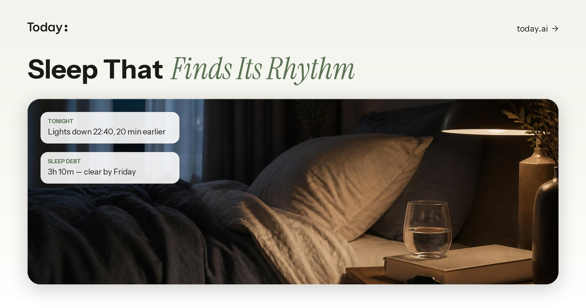 AI sleep tracker showing sleep debt, a bedtime shift suggestion and HRV recovery trend
