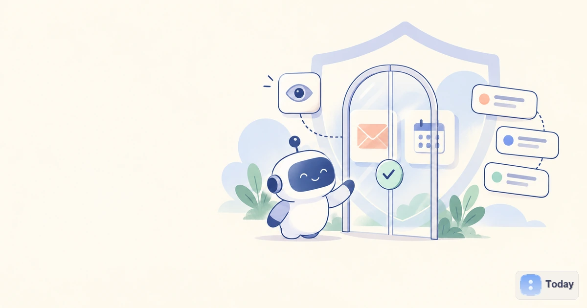 Illustration of an AI agent permission panel separating email and calendar reading, drafting and sending controls