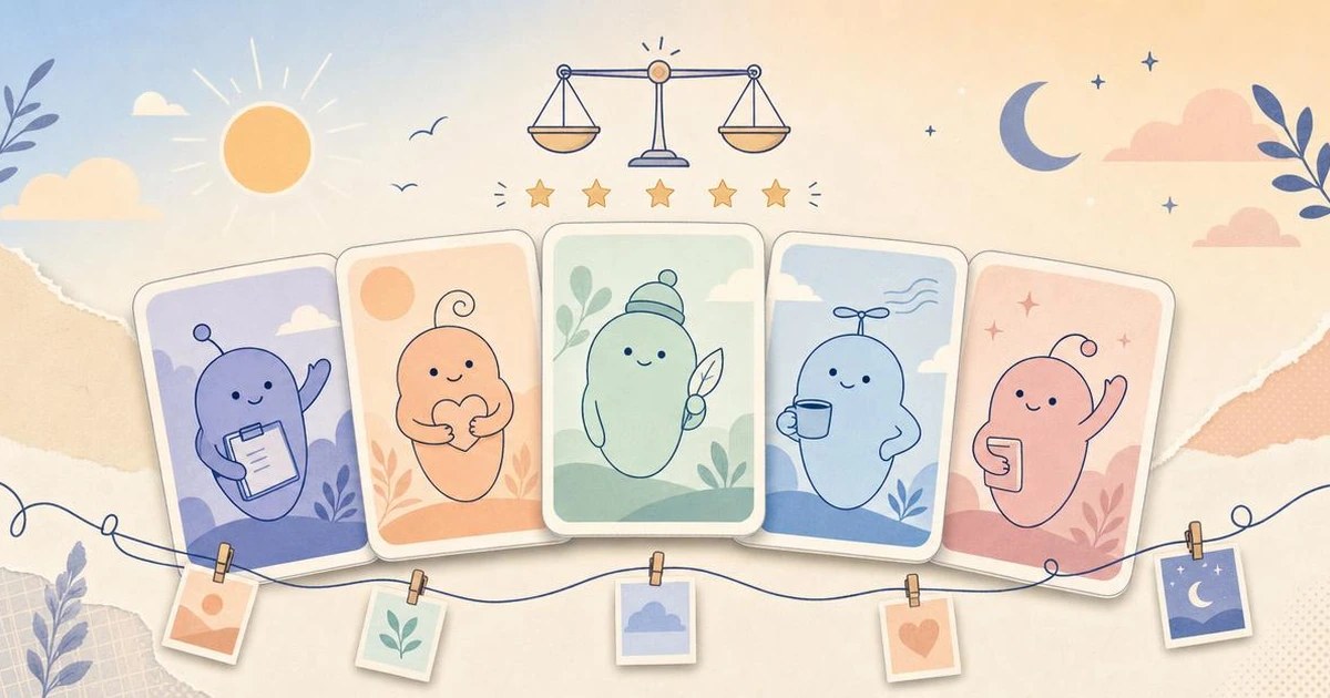 Pastel illustration of five character cards fanned out like a hand of cards, a small balance scale beside them and a row of star ratings underneath
