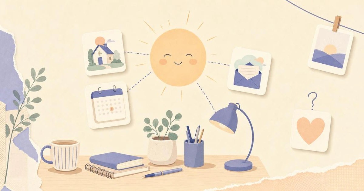 Illustration of a smiling glowing orb connected by dashed lines to three small pastel tiles — a house, a calendar and an envelope — with a heart-shaped tile and a small question mark sitting nearby