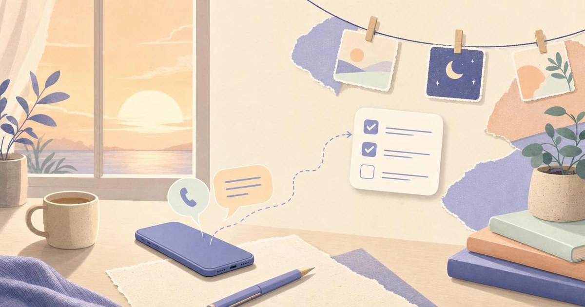 Illustration of a face-down phone with speech bubbles rising toward a floating checklist card at golden hour