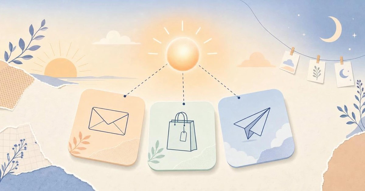 Illustration of three pastel tiles — an envelope, a shopping bag and a paper plane — under a soft glowing spark