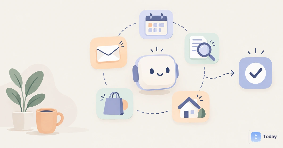 Illustration of a personal AI agent coordinating a calendar, inbox, research, shopping and household tasks, with the Today icon and wordmark