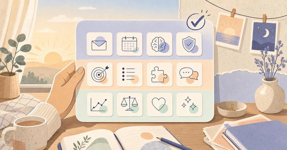 Warm pastel illustration of a paper scorecard with three grouped columns beside a small round helper character holding a pencil, soft morning light, no text
