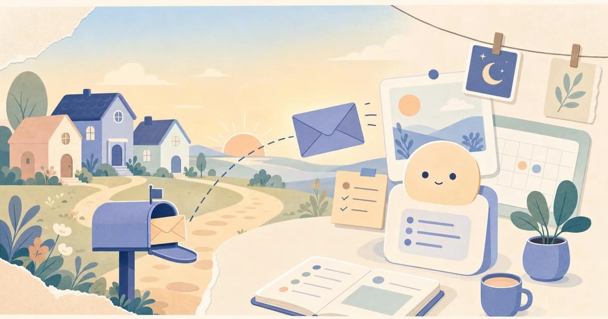 Illustration of a small mailbox on a path in a pastel town, an envelope flying toward a round helper character