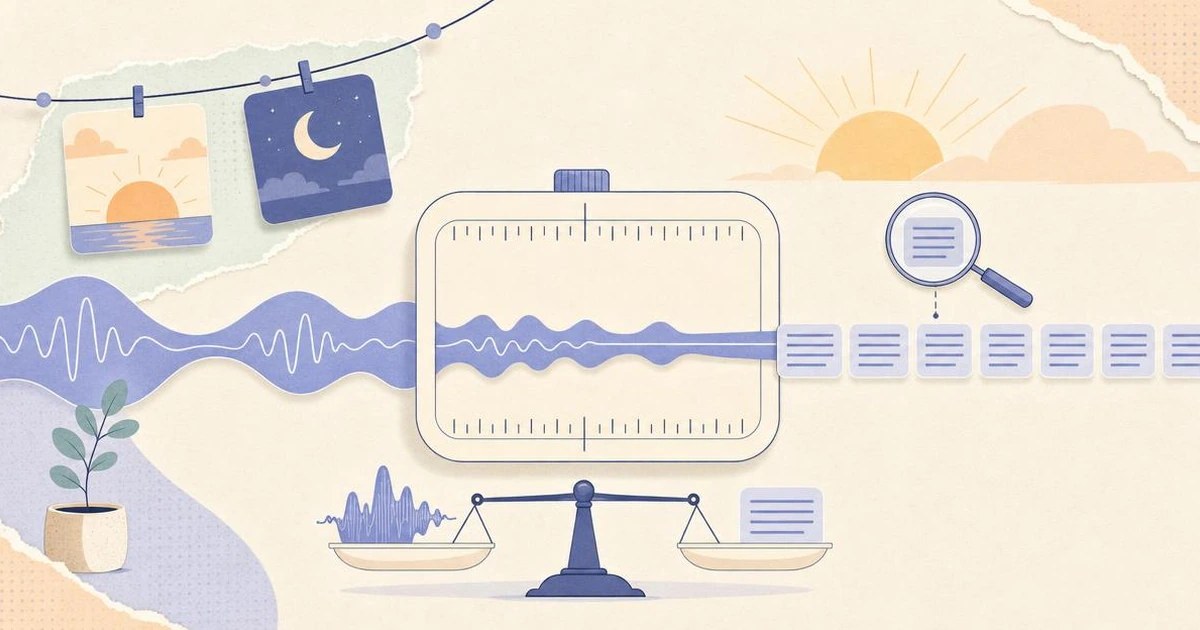 Warm pastel illustration of an audio waveform passing through a measuring ruler, no text
