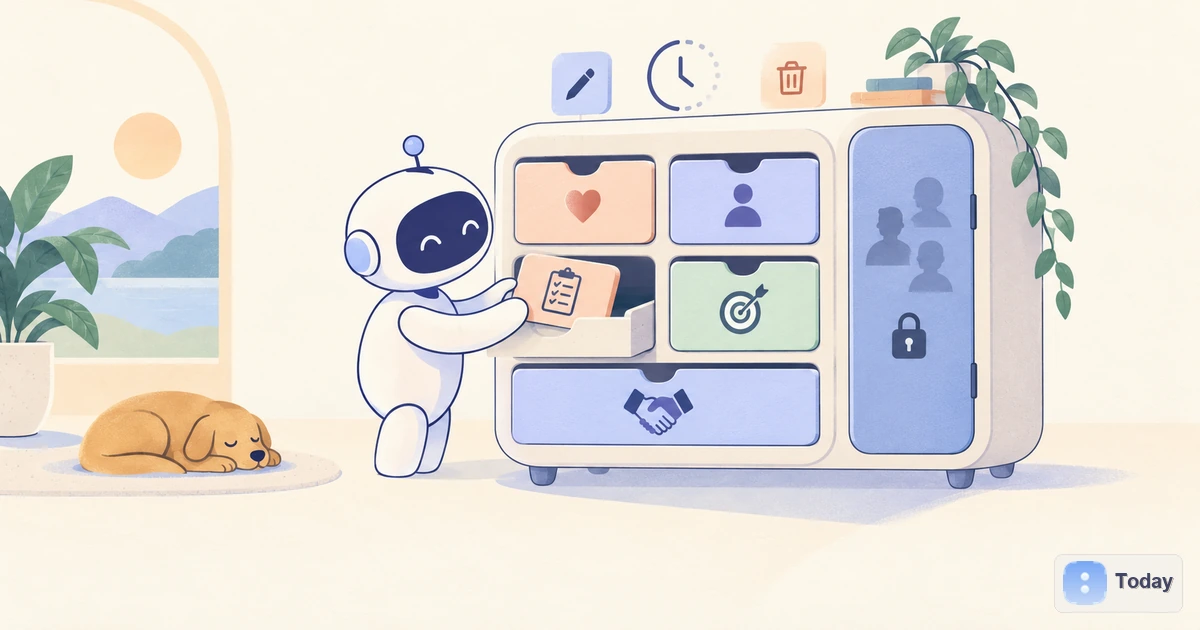 Illustration of an AI agent sorting personal information into remember, expire and do not store categories