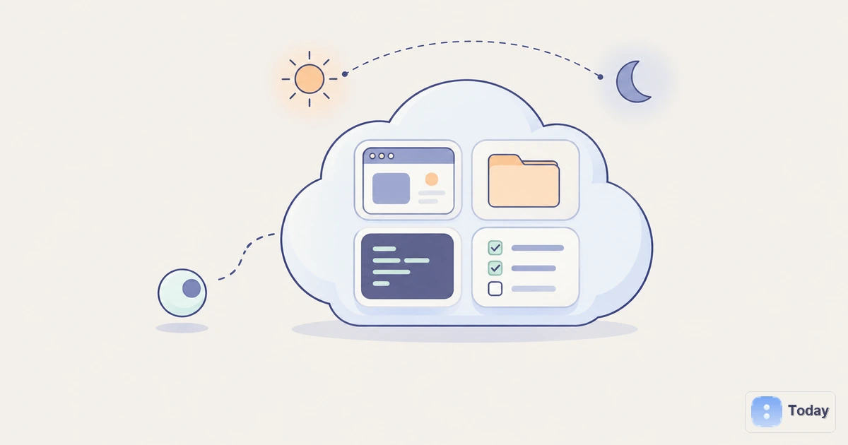 Illustration of an AI agent working at a persistent cloud computer across day and night, with the Today icon and wordmark
