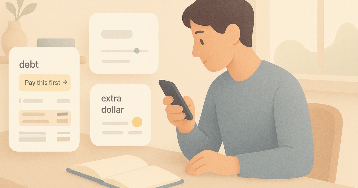 AI debt payoff planner showing a card with 22.9% APR ranked first by true cost, with an extra $75 payment pulling the payoff date closer