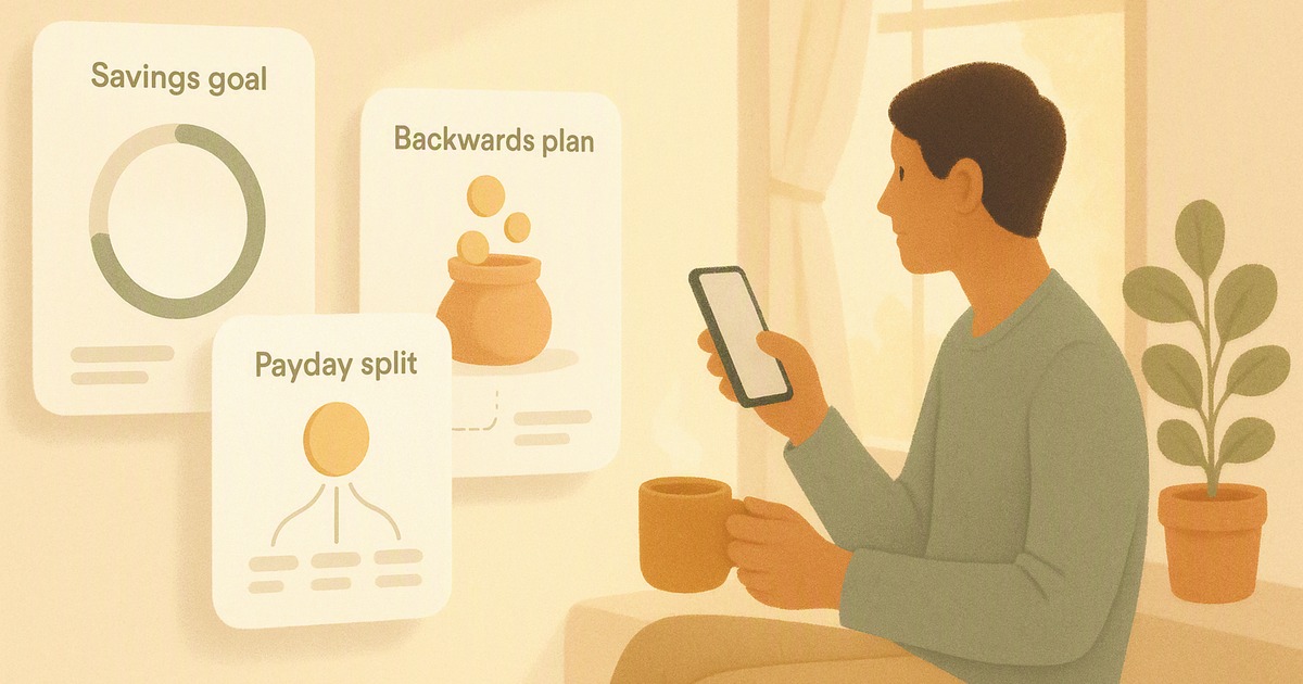 AI savings goal planner showing a trip goal worked backwards into a set-aside amount per payday, with the plan easing automatically in a lean month