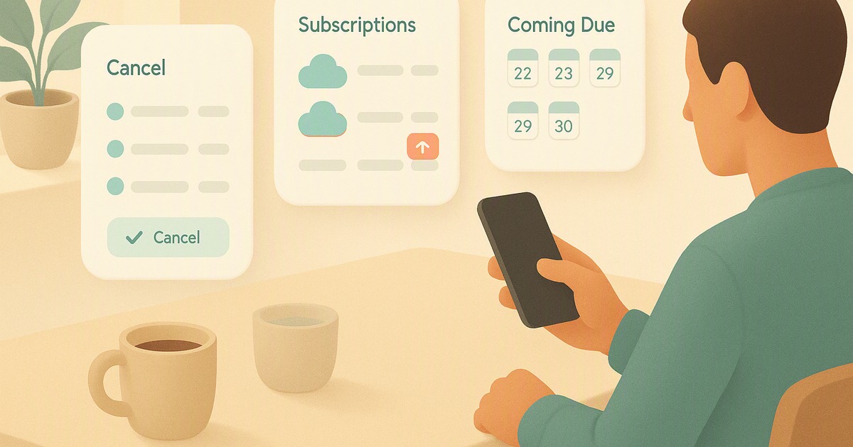 AI subscription manager showing a list of recurring charges with amounts, renewal dates and cancel actions, with next month's bills lined up ahead of time