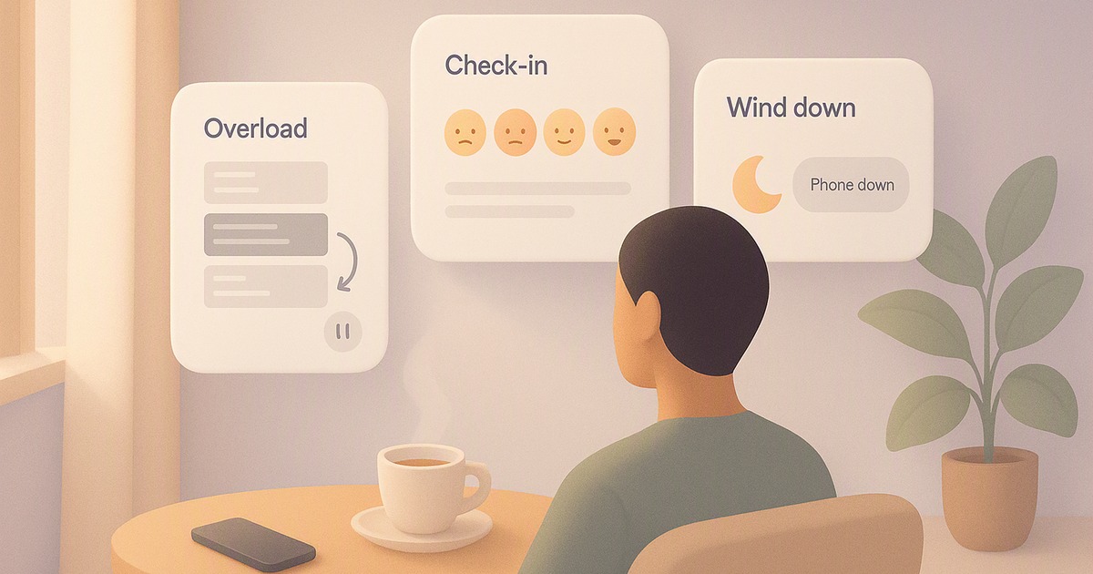 AI stress tracker spotting an overloaded day and inserting a real break between meetings