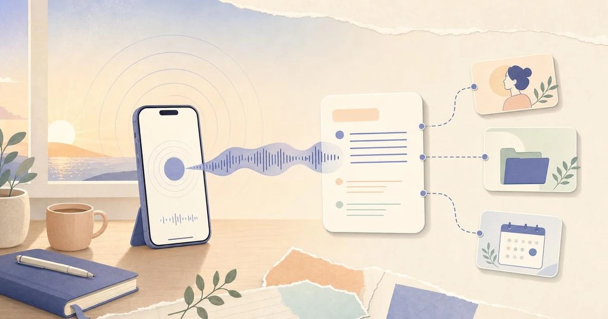 Warm pastel illustration of a phone recording a conversation around a desk, soft sound waves drifting toward an open calendar page, no text