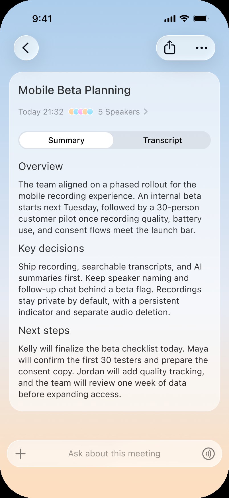 Today Recording meeting note detail screen: a context-aware summary with decisions and next steps