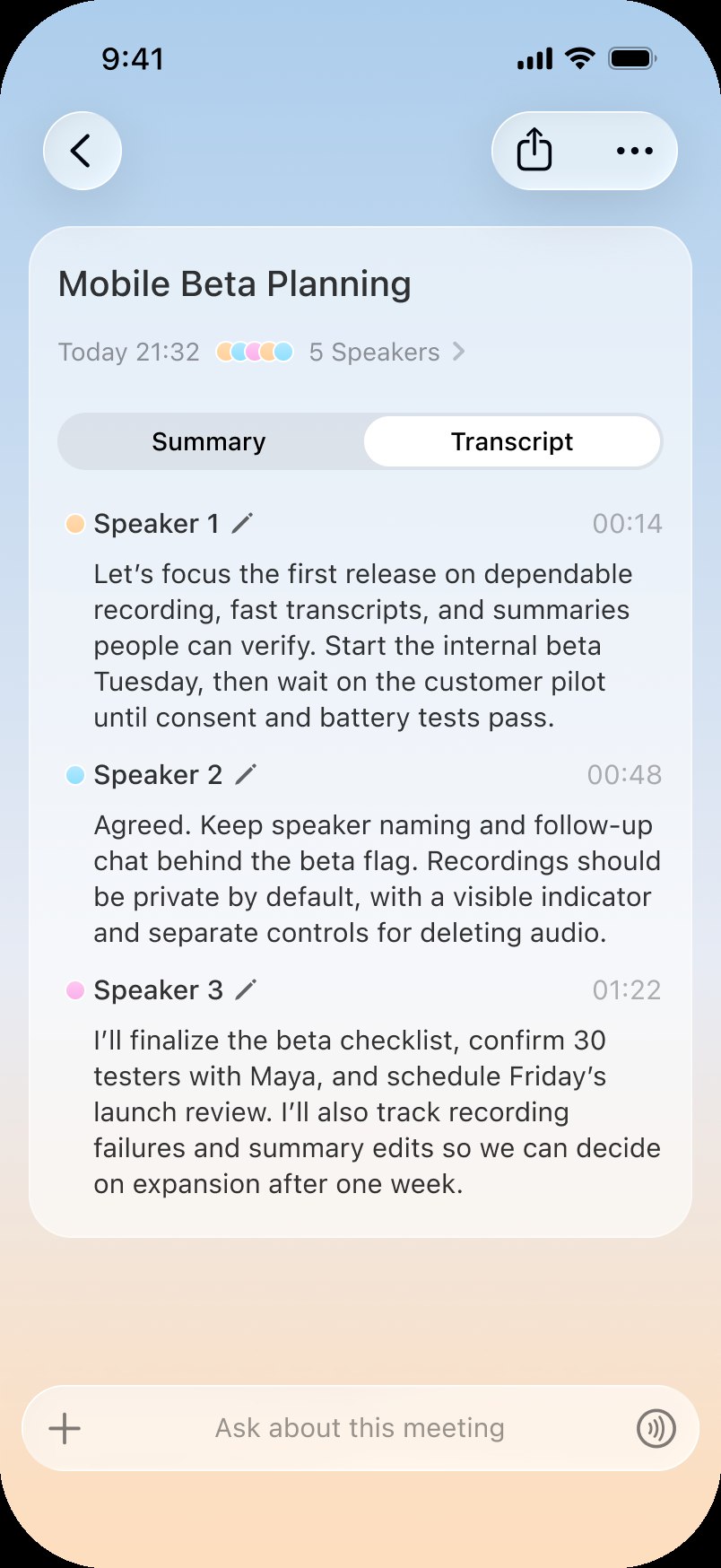 Today Recording transcript view: the full conversation kept alongside the summary