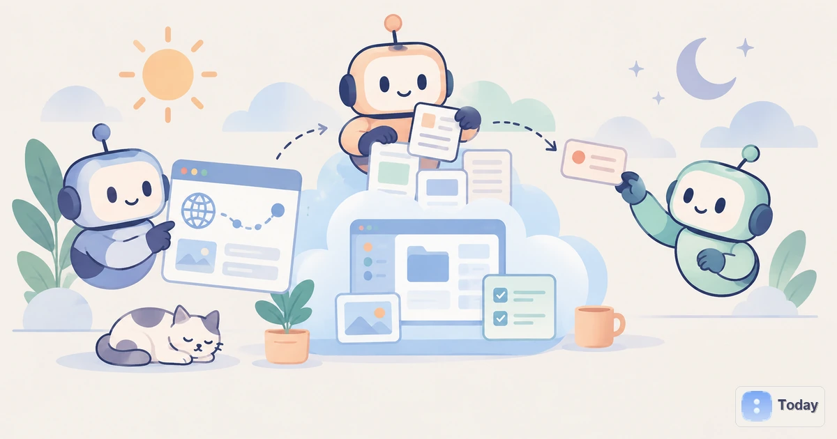 Illustration of three friendly AI teammates coordinating tasks around a persistent cloud computer, with the Today icon and wordmark