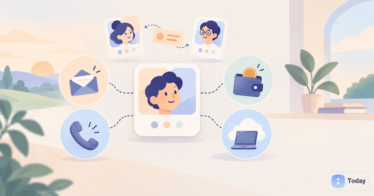 Illustration of a personal AI agent connected to an email, phone, wallet and computer, with the Today icon and wordmark