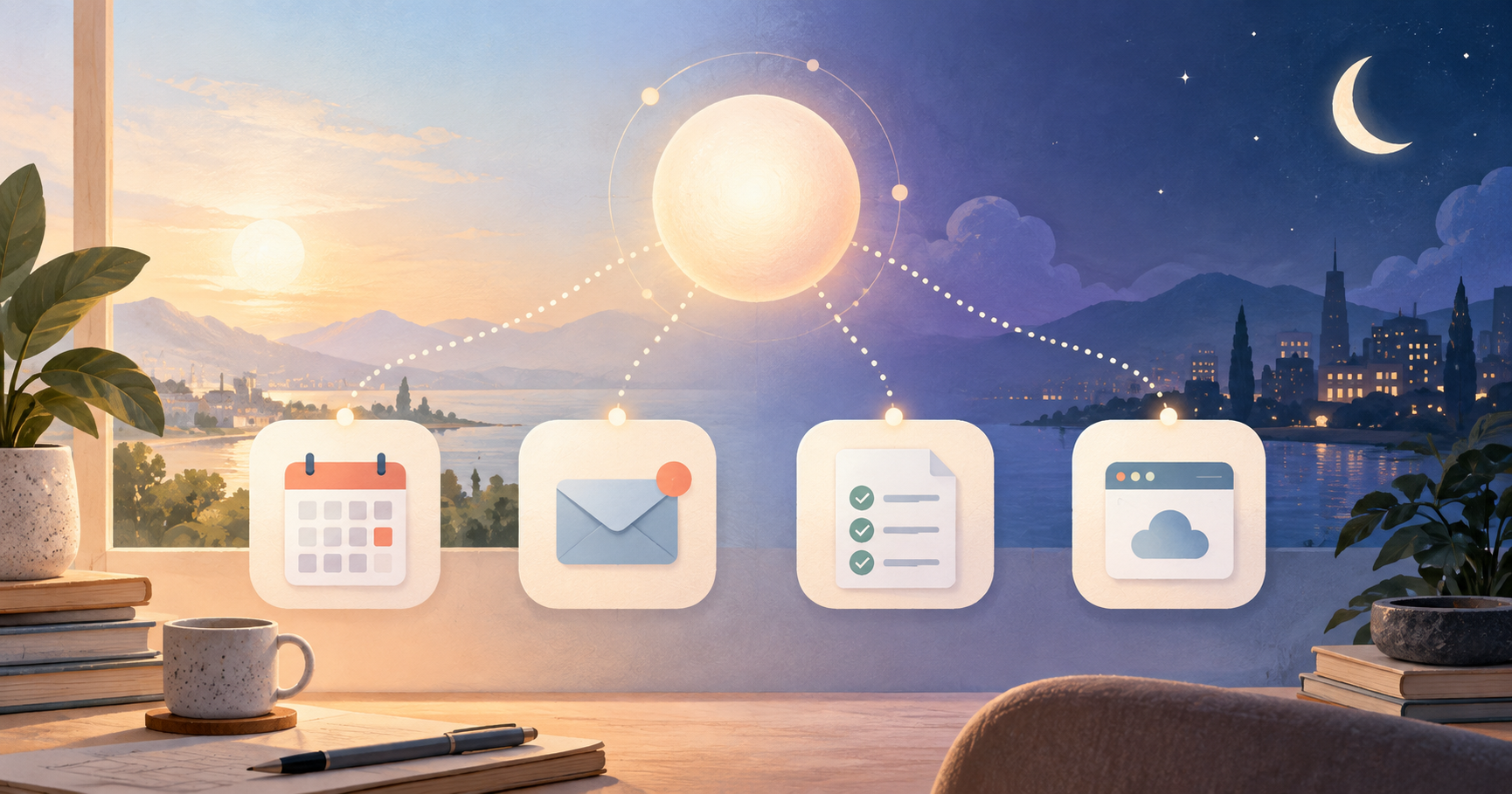 Illustration of a glowing always-on agent connecting a calendar, email, checklist and cloud computer from day into night