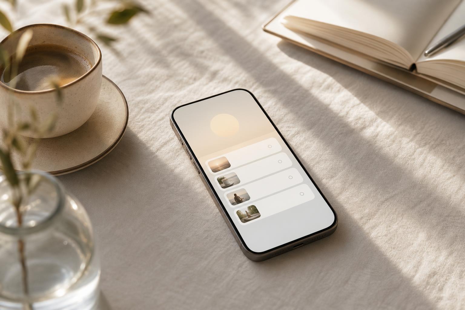 A phone on a linen table in warm morning light, its screen showing a calm list of the day's moments beside coffee and an open notebook